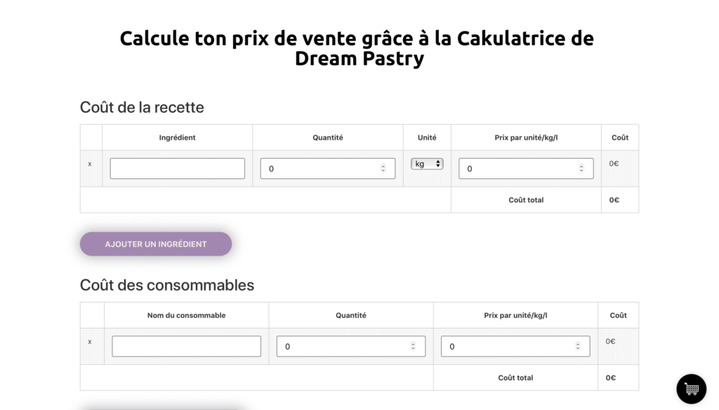Exemple d’interface de la Cakulatrice pour estimer un prix de vente