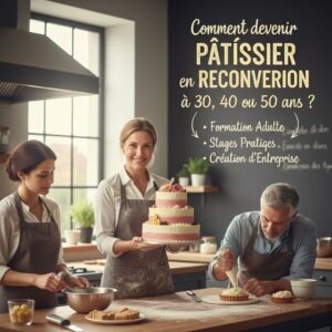 Groupe d’adultes en reconversion pâtisserie adulte, réalisant des créations sucrées