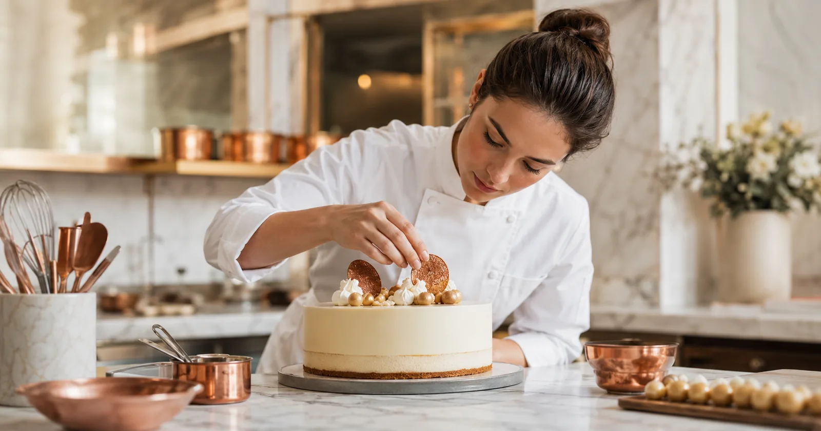 Pâtissière décorant un gâteau en cuisine