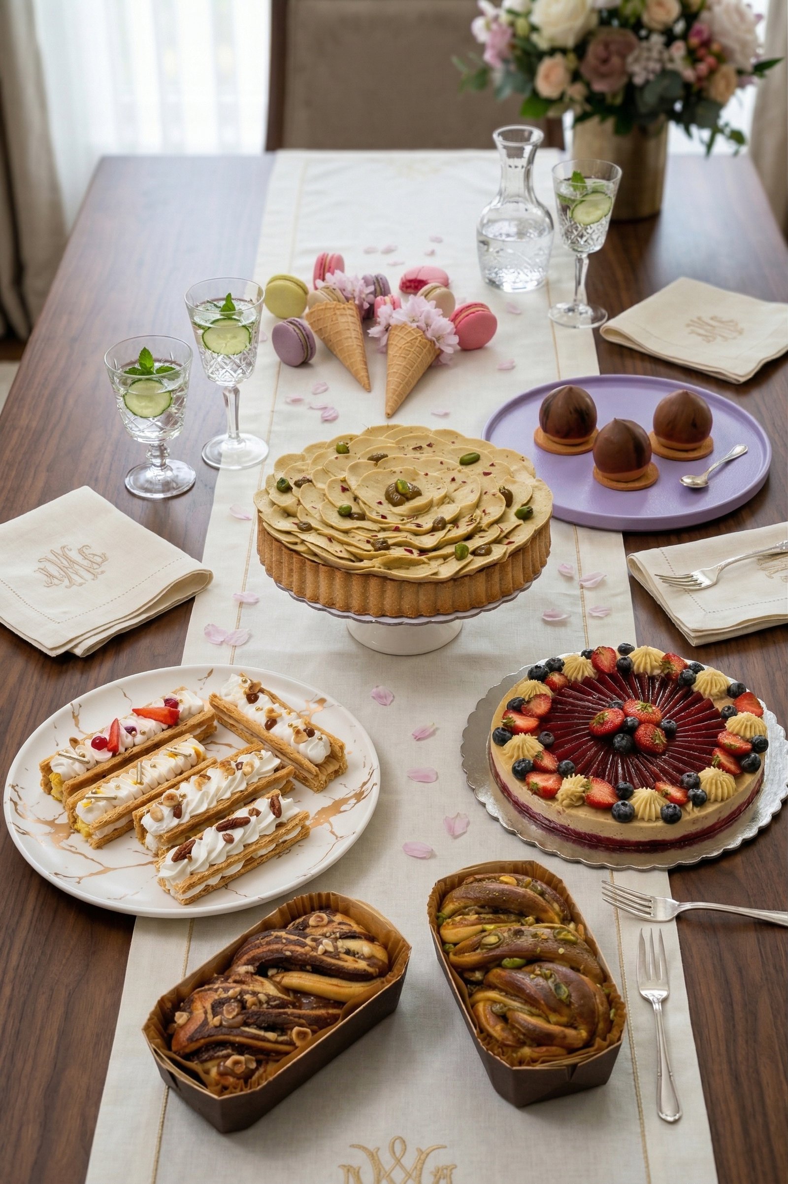 Table dressée : tarte aux pistaches, mille-feuilles, entremets aux fruits rouges