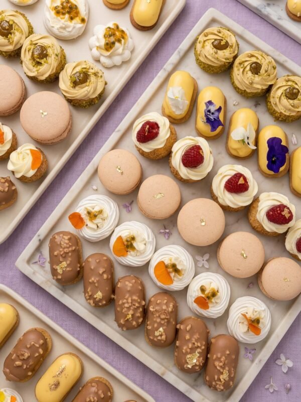 Plateaux de petits fours : macarons, mini-&eacute;clairs, tartelettes et meringues
