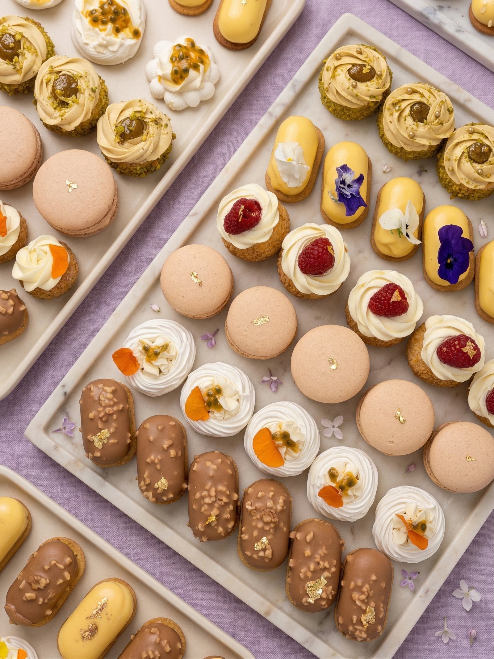 Plateau de mignardises : éclairs, tartelettes, macarons et financiers